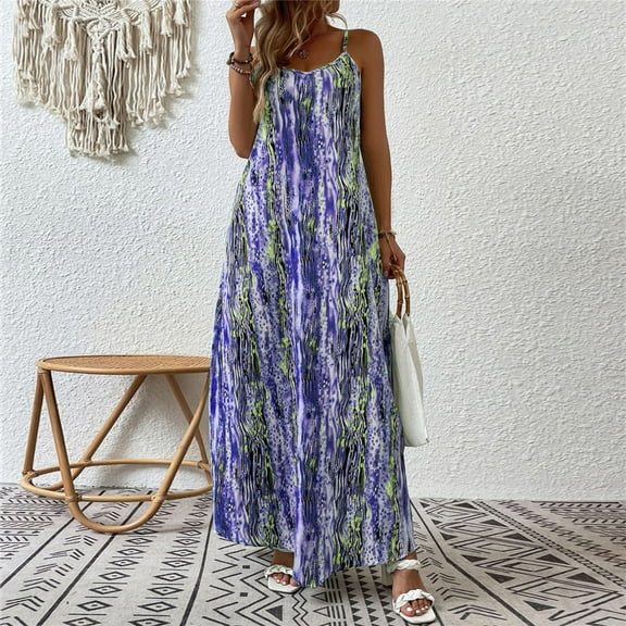 DondPO Maxi Dress for Women Sundresses for Women Women‘s Sling Floral Long Dress Sleeveless Beach Long Dress Summer Dresses Womens Dresses Blue Dress L