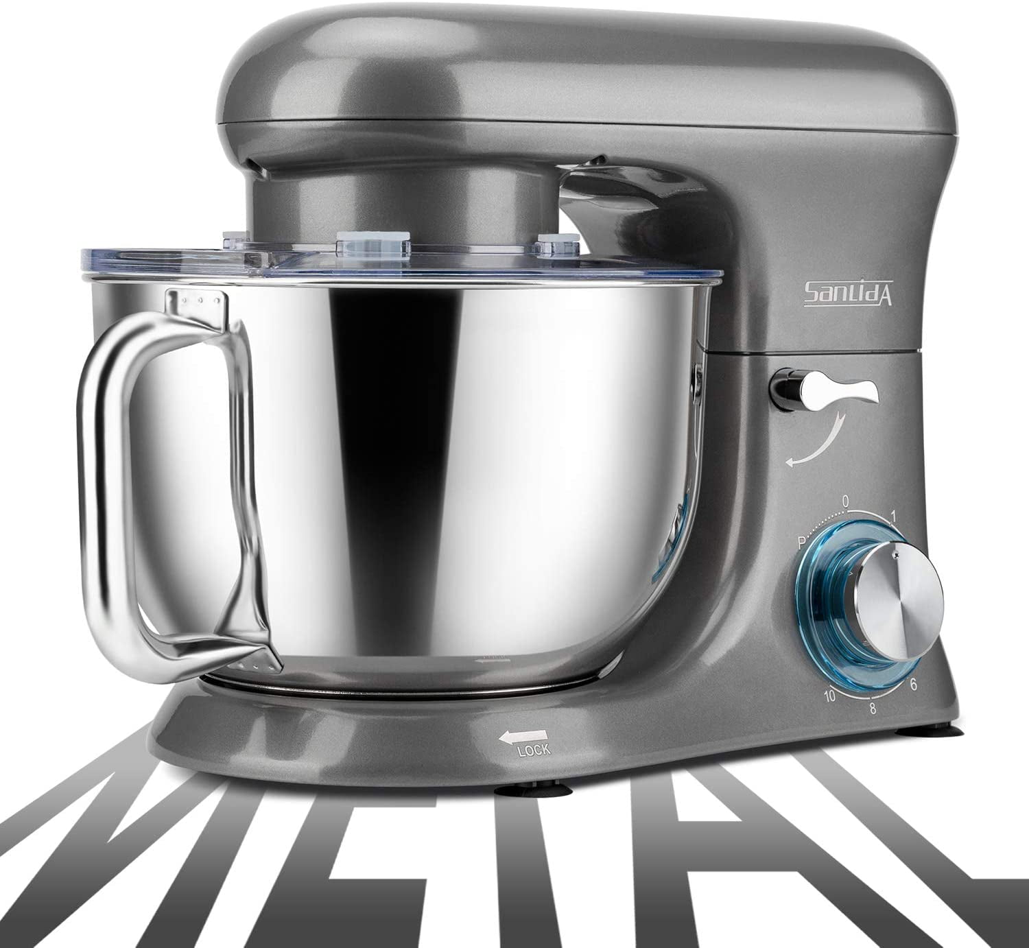 Pearl Grey SanLidA All-Metal Stand Mixer 6.5 Qt SM-1515 10-Speed Electric Kitchen Mixer with Dishwasher-Safe Dough Hooks Flat Beaters Wire Whip & Pouring Shield Attachments for Most Home Cooks 