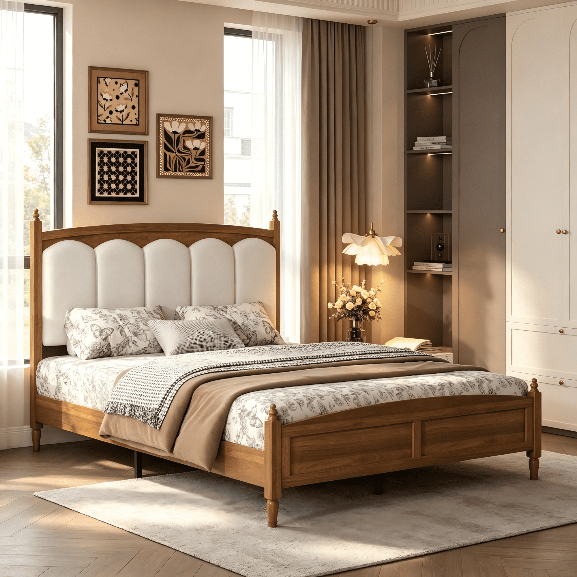 BSHTI Queen Size Platform Bed with Fabric Upholstered Headboard – Farmhouse Style Brown Engineered Wood – No Box Spring Needed, Noise-Free, Easy Assembly for Bedroom
