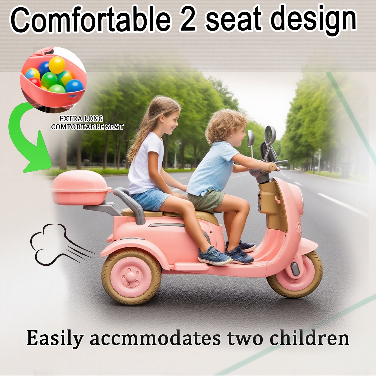 FINITO 12V 2 Seater Kids Electric Motorcycle, 3 Wheel Electric Bike with Storage Box, Bluetooth Music, LED Light, 2WD Electric Motorcycle for Kids, Pink