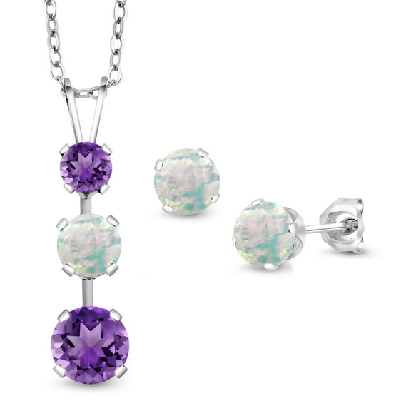 Gem Stone King 925 Sterling Silver Purple Amethyst and White Opal Pendant and Earrings Jewelry Set for Women (2.75 Cttw, Gemstone February Birthstone, with 18 inch Chain)