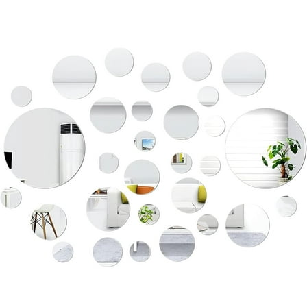 NOGIS Wall Mirror, Circle Mirror Tiles Self Adhesive, 32 Pcs Acrylic Mirror Stick on Mirrors for Wall, Removable Peel and Stick Wall Decals for Home Living Room Bedroom