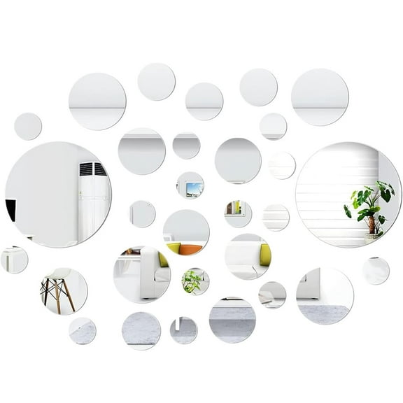 NOGIS Wall Mirror, Circle Mirror Tiles Self Adhesive, 32 Pcs Acrylic Mirror Stick on Mirrors for Wall, Removable Peel and Stick Wall Decals for Home Living Room Bedroom