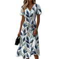 thumbnail image 3 of Women's V Neck Short Sleeve Dress Vintage Floral Print A Line Midi Casual Summer Outfit Flowy Lightweight Party Wear Vacation Going Out Chic Womens Dress Sky Blue XXXL, 3 of 6