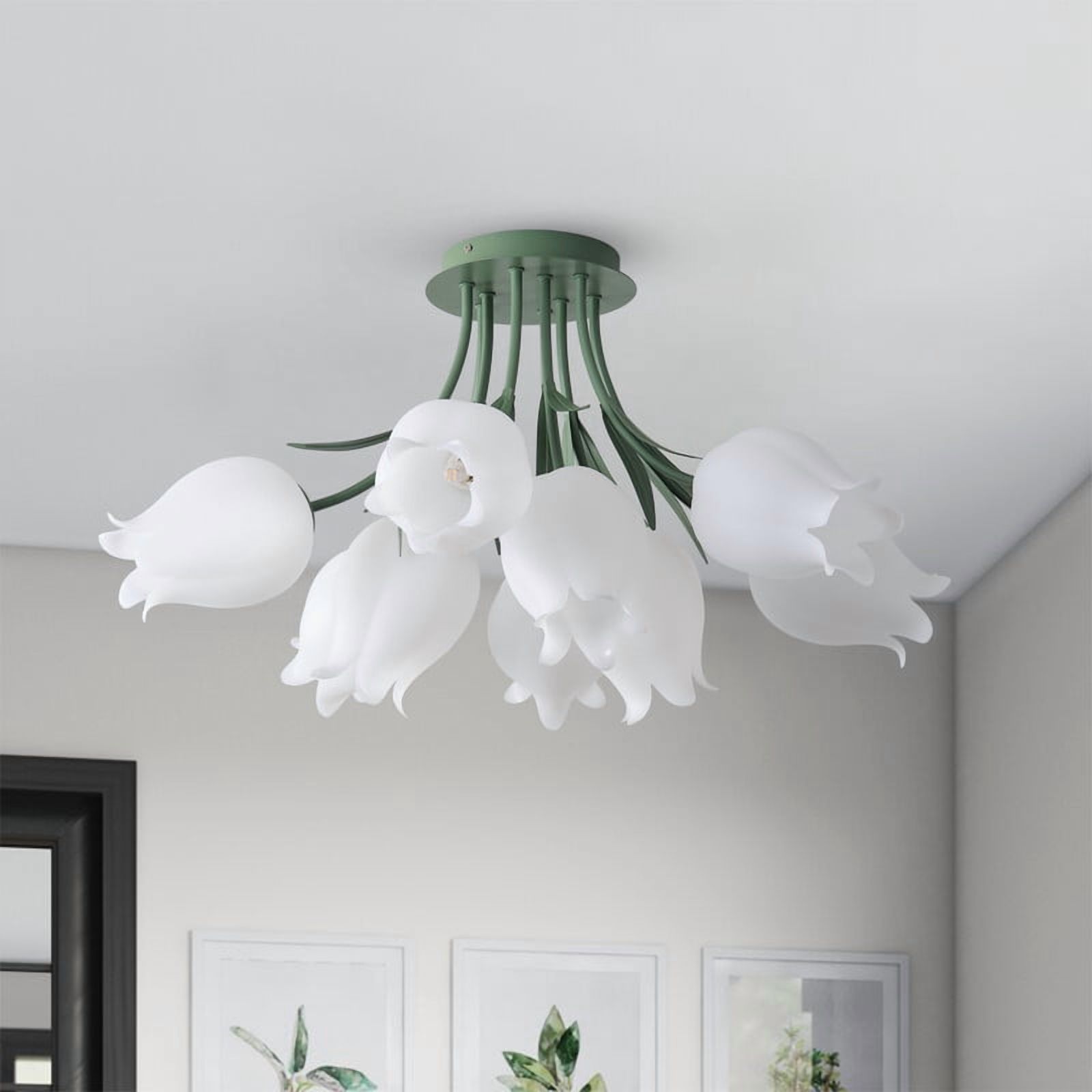 30.7 inches Flush Mount Ceiling Light with White PE Shades, 9-Light Dining Room Light Fixture, Floral Design