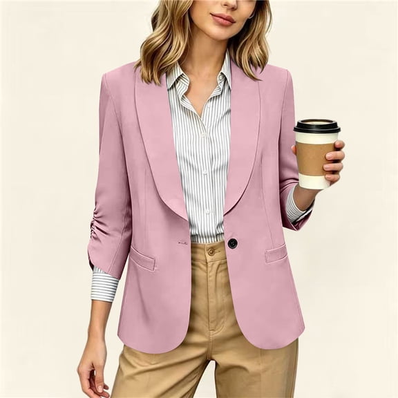 Neewe Women's Casual Button Front Blazer Jackets 3/4 Sleeve Lapel Office Work Lightweight Blazers with Pockets