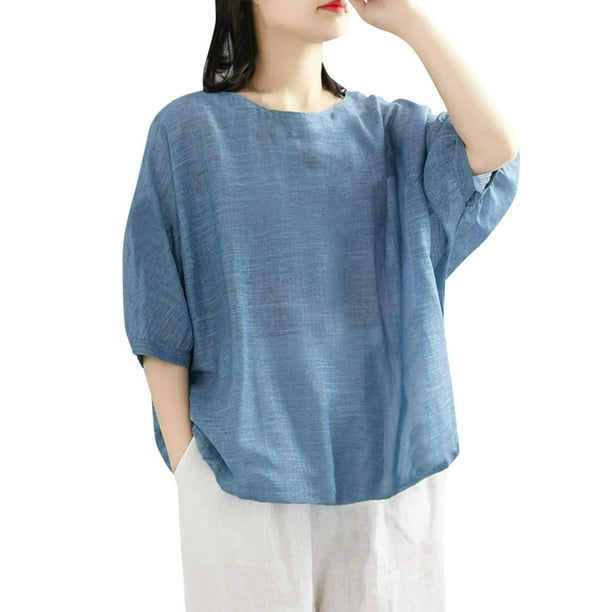 Blusa holgada de manga corta para mujer - Algodón y lino, cuello en V, ropa informal de verano/para el trabajo - Tallas M-XXXXL