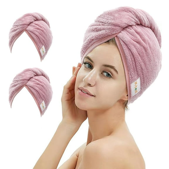 2 Pack Microfiber Hair Towel Wrap,Hair Drying Towel with Button, Hair Towel Turban,Quick Dry,Anti-frizz,Absorbent Head Towel (Pink&Beige)