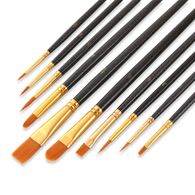 Black Acrylic Paint Brush Set 10 Pcs Nylon Hair Brushes For All Purpose Oil Black