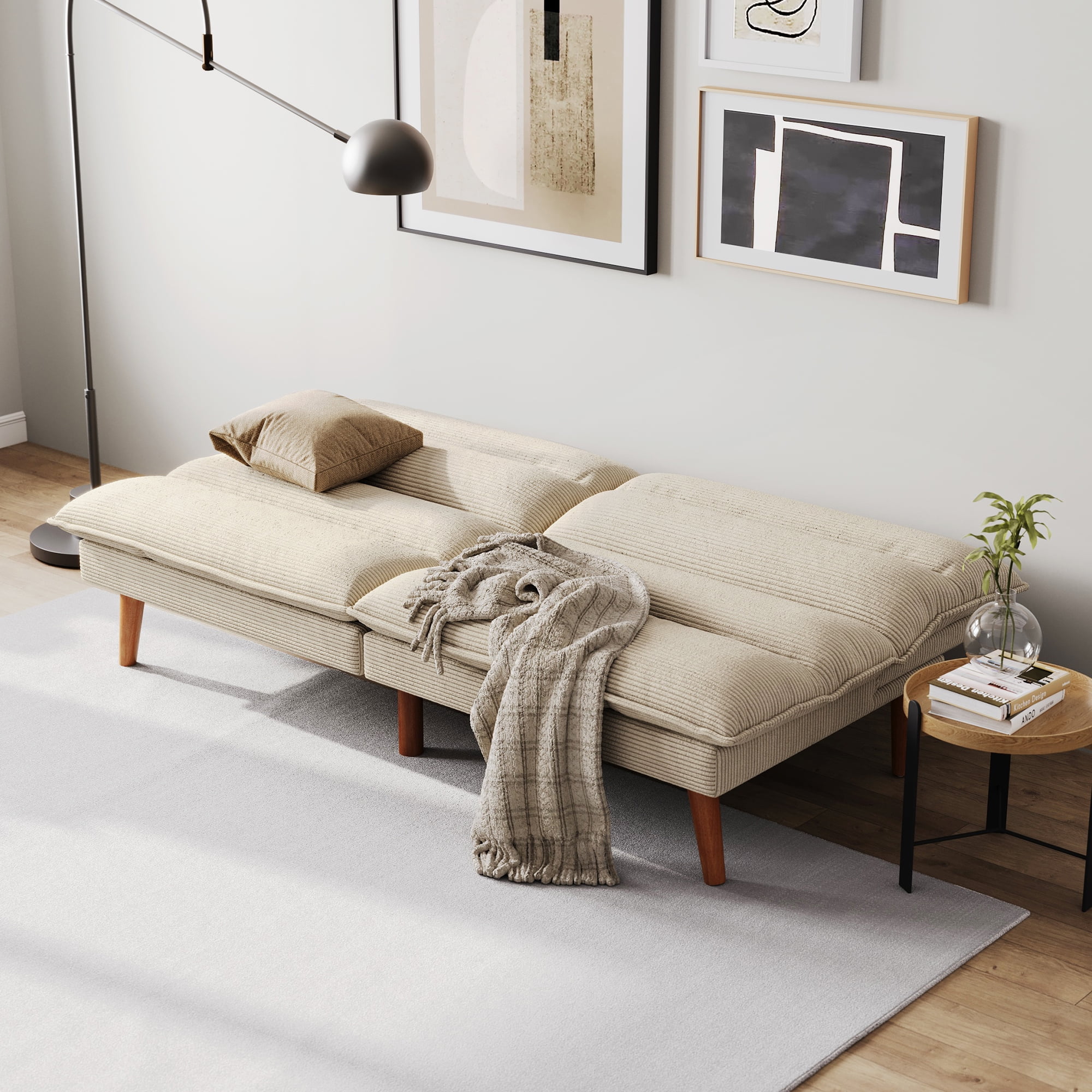 Linsy Home Convertible Futon Sofa Bed, Wooden Arms, 100% Corduroy, 75"W x 21"D x 23.30"H, White