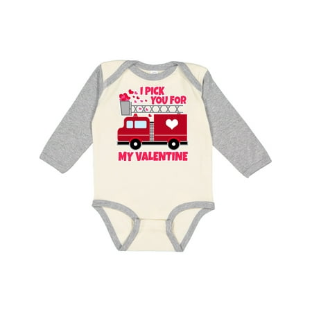 

Inktastic I Pick You for My Valentine with Red Firetruck Gift Baby Boy or Baby Girl Long Sleeve Bodysuit