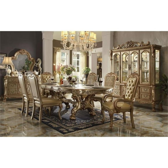 Pemberly Row Wooden Trestle Dining Table with 2 Leaves in Gold Patina and Bone