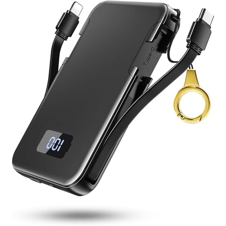 Ultra-Slim 5000mAh Portable Charger for iPhone & Android, Mini Power Bank with Built-in Cables (USB-C & iOS), 5V/2A Small External Battery Pack for iPhone 16/15/14/13, Samsung, Google – Black
