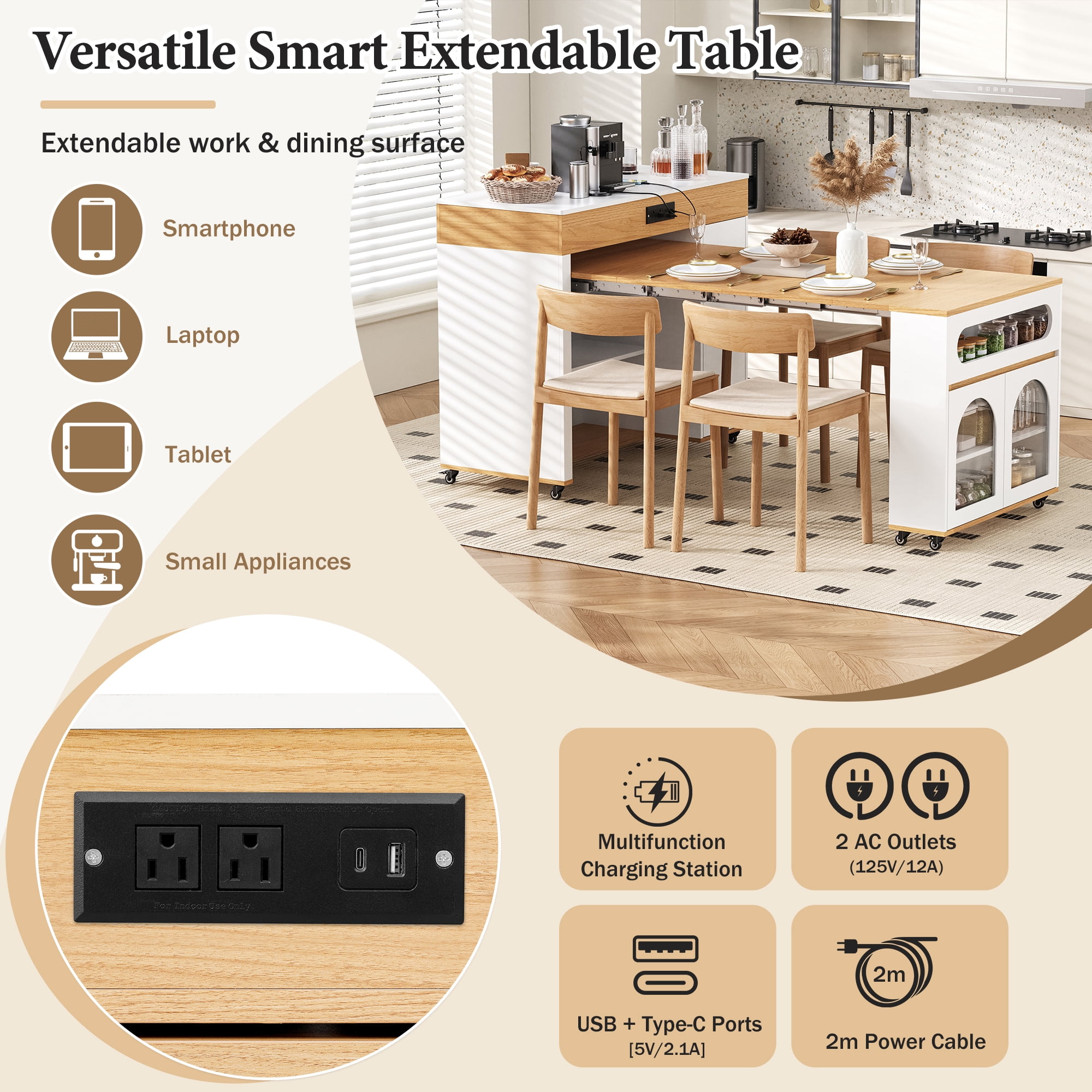 MODERNLUXE Extendable Dining Table with Extra-Long Folding Tabletop, Rolling Kitchen Island with Drawers,Power Outlet and Brake lock, Sideboard Storage Cabinet for Kitchen, Dining Room,Natural