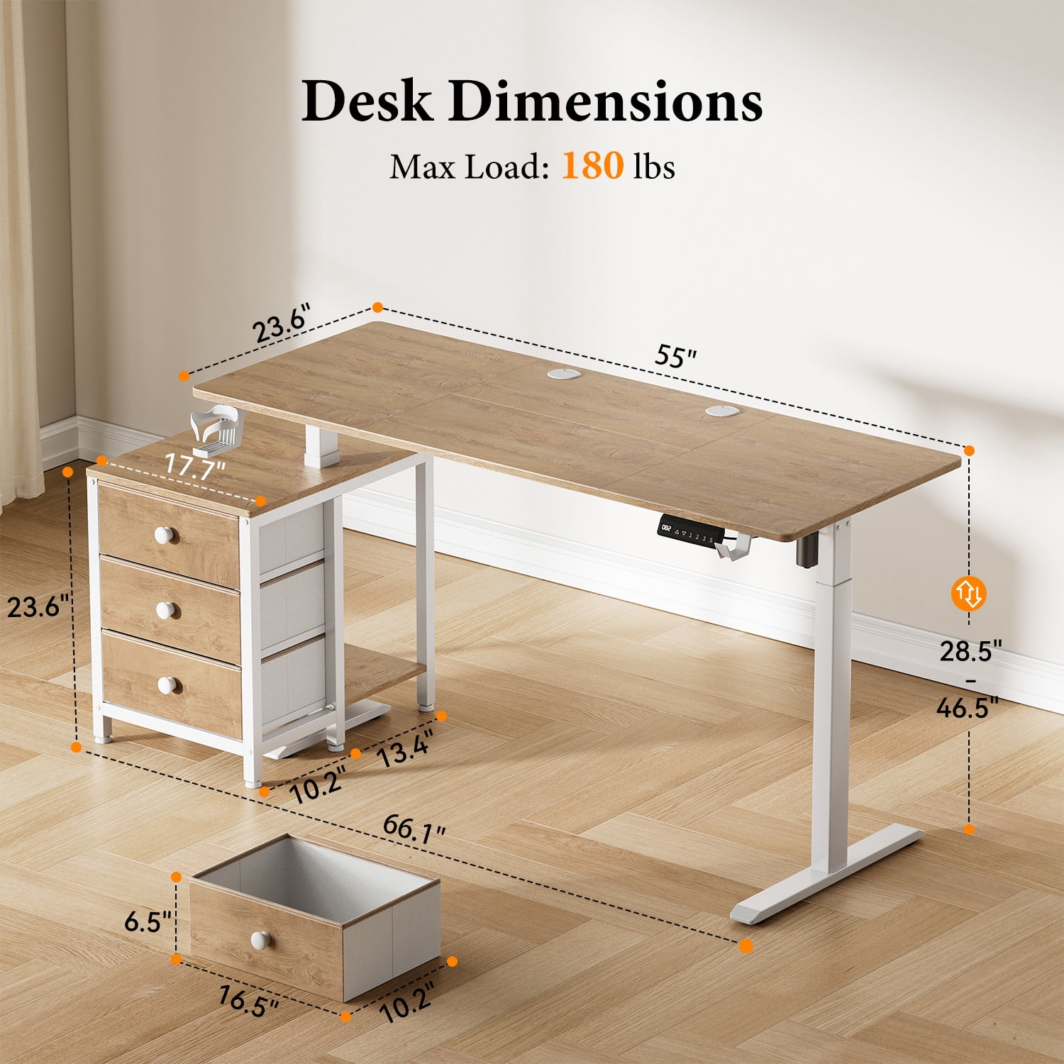 GUNAITO 55.1" Electric Standing Desk with 3-Drawer Cabinet, Adjustable Height Desk with Memory Panel, Office & Gaming Desk，Nutural