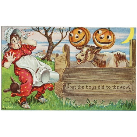 Vintage halloween greeting card with cow with jack-o-lanterns on horns from 20th century Stretched Canvas - Remsberg Inc  Design Pics (38 x 24)