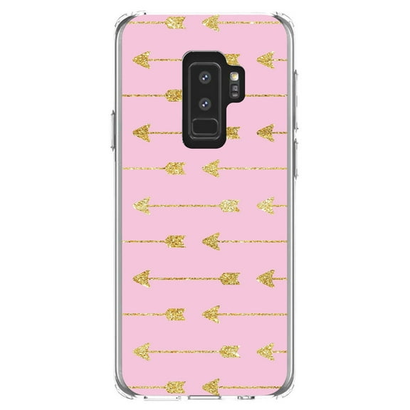 DistinctInk Clear Shockproof Hybrid Case for Samsung Galaxy S9  PLUS (6.2" Screen) - TPU Bumper, Acrylic Back, Tempered Glass Screen Protector - Pink & Gold Print - Arrows Pattern