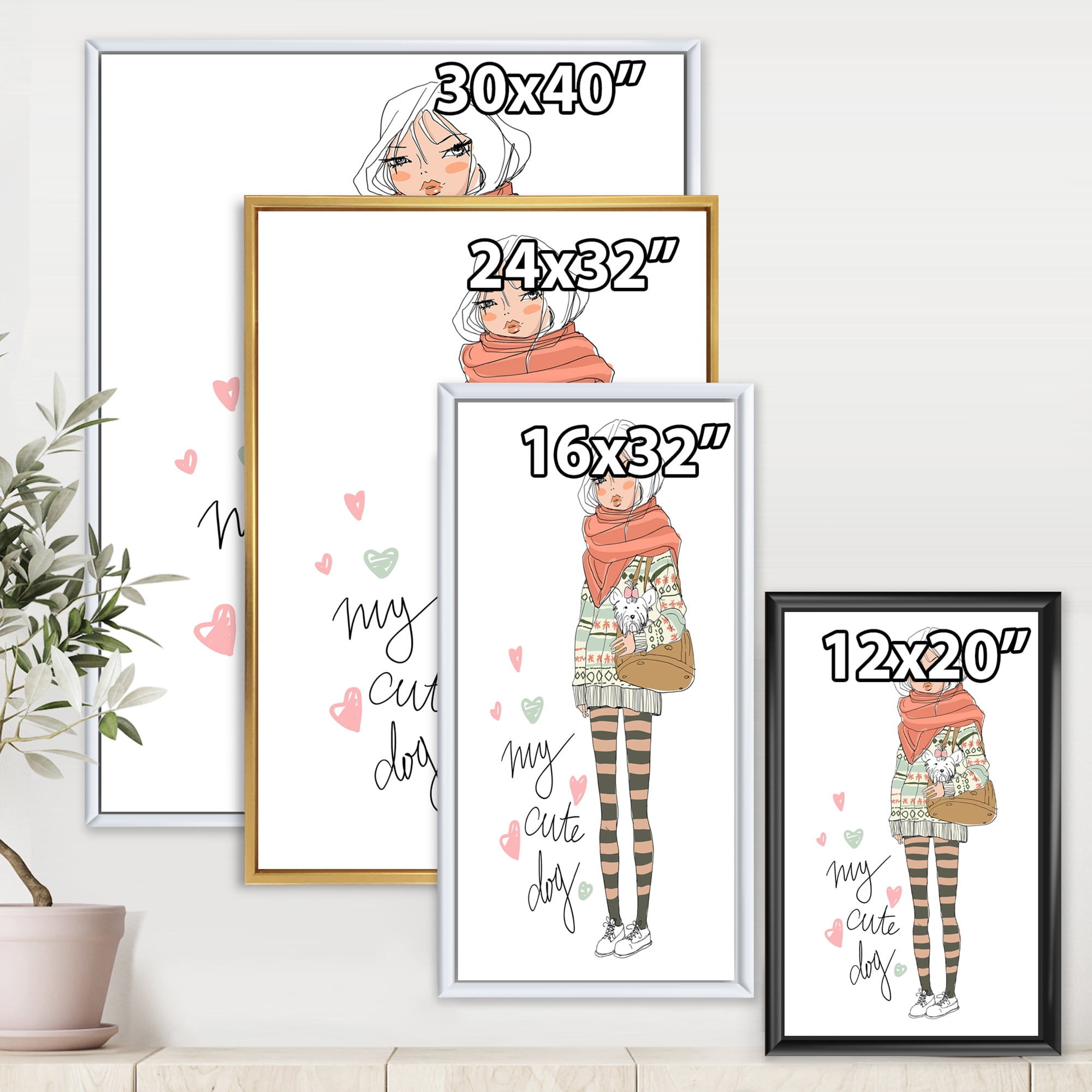 Designart 'My Cute Dog Cute Girl With Dog' Shabby Chic Framed Canvas Wall Art Print