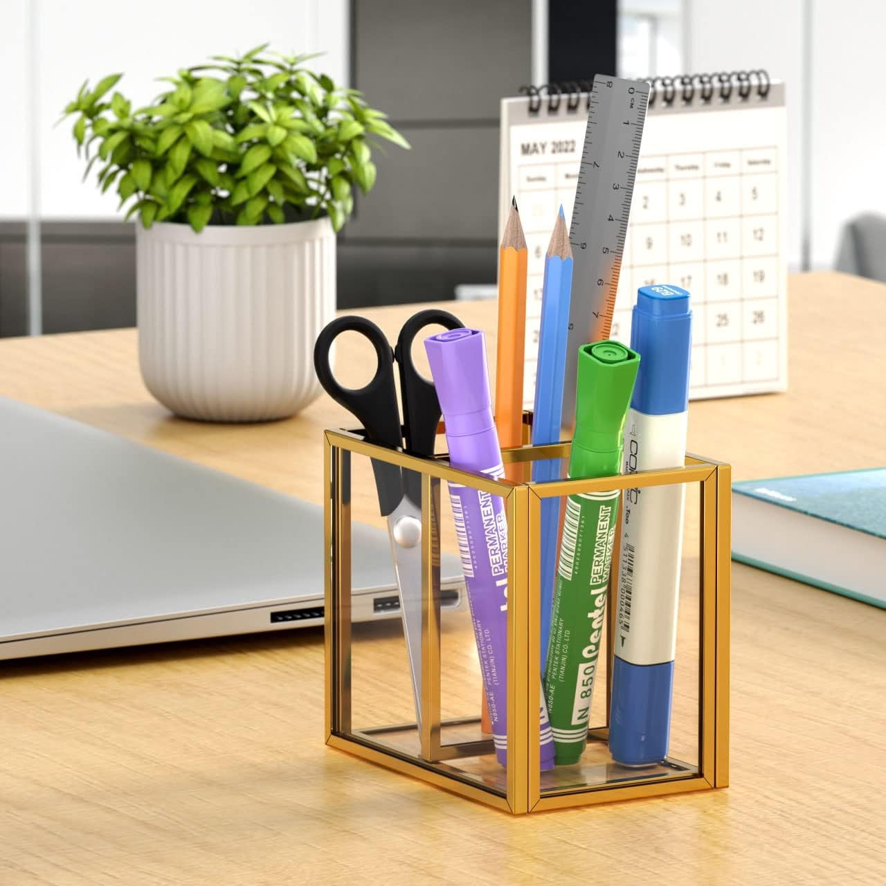Gold Acrylic Pen Holder for Desk, Clear Pencil Cup Organizer Makeup Brush Holder, Acrylic Desk Organizers and Accessories for Desktop Office - 2 Compartments