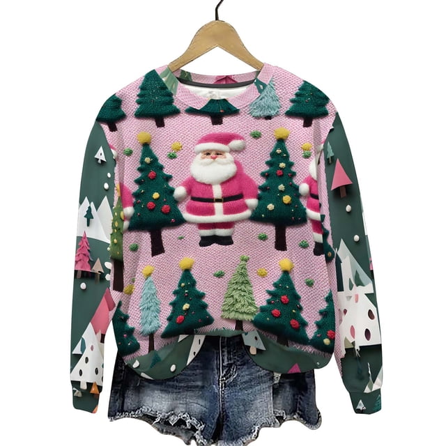 Lovzfmll Chandail de Noël Chaud pour Femmes, Col Rond, Manches Longues en Peluche Multicolore, 2TG
