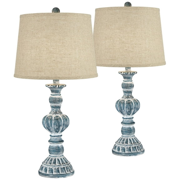 Regency Hill Tanya Country Cottage Table Lamps 26 1/2" High Set of 2 Blue Wash Burlap Linen Drum Shade for Bedroom Living Room Bedside Nightstand Home