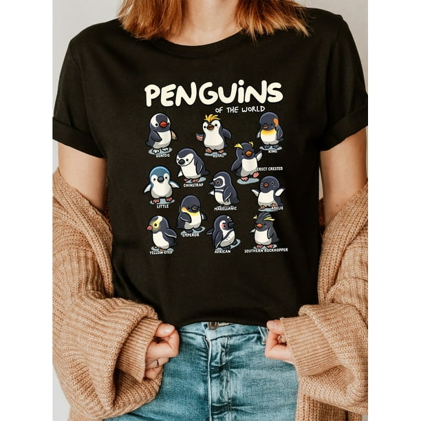 1pc Women'S Penguins Print T-Shirt - 100% Crew Neck Casual Top with Slight Stretch, Animal Pattern Knit Fabric, Regular Length for All Seasons