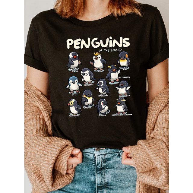 1pc Women'S Penguins Print T-Shirt - 100% Crew Neck Casual Top with Slight Stretch, Animal Pattern Knit Fabric, Regular Length for All Seasons