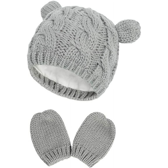 Zhuge Newborn Winter Beanie Hat Gloves Set for Baby Girls Boys, Infant Toddler Warm Knitted Hat Gloves, Unisex-Baby Beanies (6-18 Months, Gray)