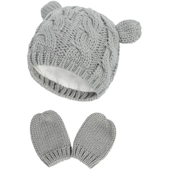Nvzi Conjunto de gorro y guantes de invierno para recién nacidos, gorro y guantes de punto cálidos para bebés y niños pequeños, gorros unisex para bebés (6 a 18 meses, gris)