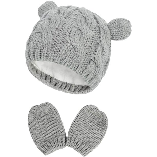 Nvzi Conjunto de gorro y guantes de invierno para recién nacidos, gorro y guantes de punto cálidos para bebés y niños pequeños, gorros unisex para bebés (6 a 18 meses, gris)