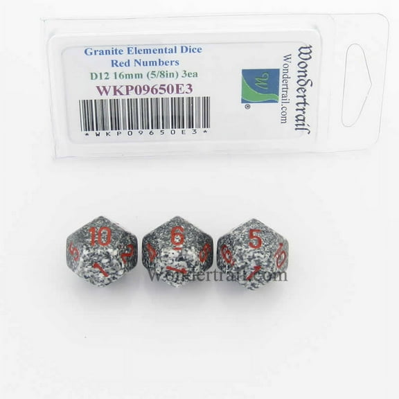 Granite Elemental Dice with Red Numbers D12 16mm (5/8in) Pack of 3 Wondertrail