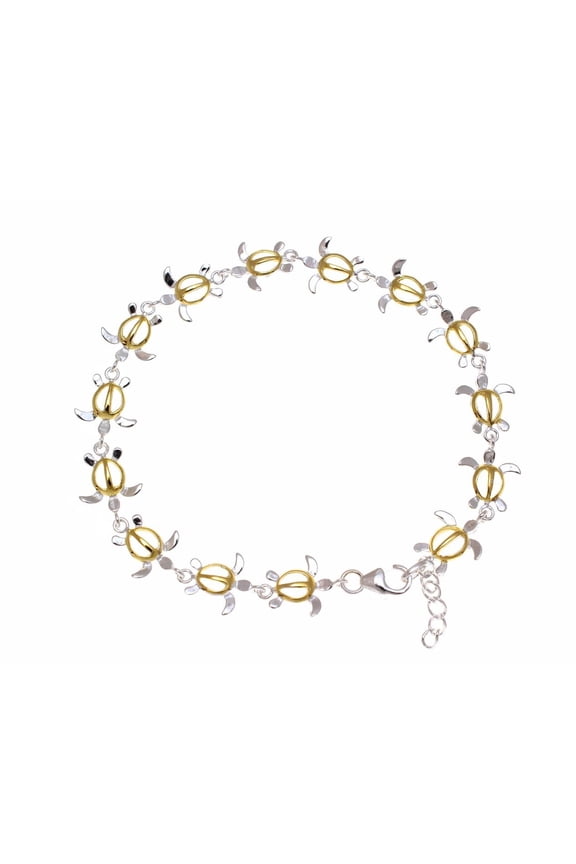 925 sterling silver Hawaiian honu turtle anklet yellow gold plated 2 tone size 9.5"+