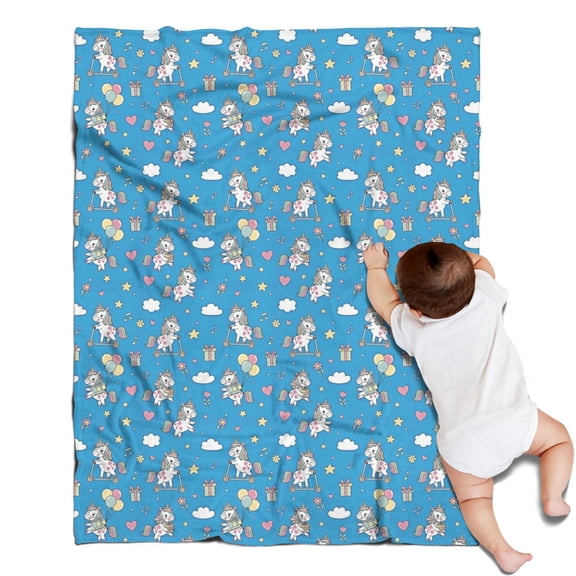 Blue Cartoon Unicorn Gift Balloon Cloud Pattern Blanket,Comfortable Soft Flannel Throw Blanket,All Season,Warm Lightweight Blankets for Sofa Bed Couch Living Room Chair,30"x40"