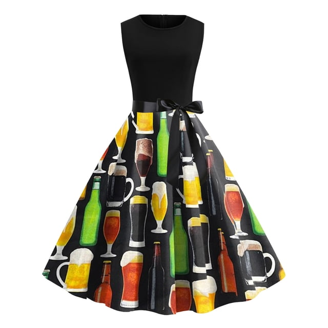 LOVZFMLL Robes Femmes Imprimé Rétro Patchwork Sans Manches Soirée Col Rond Fermeture Éclair Soirée Bal Robe Vintage