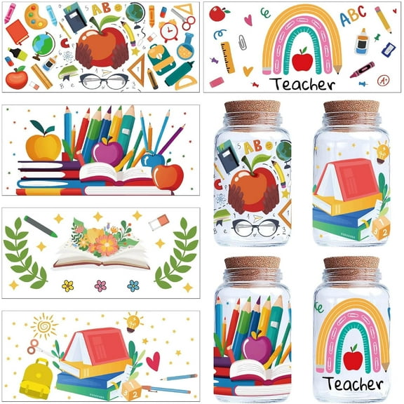5 Sheets Teacher Transfer Stickers for Glass Cups Rub on Transfers Decal UV DTF Cup Wrap Transfer PVC Waterproof Study Theme Stickers Decals Gift 9.44x4.33Inch Mixed Color