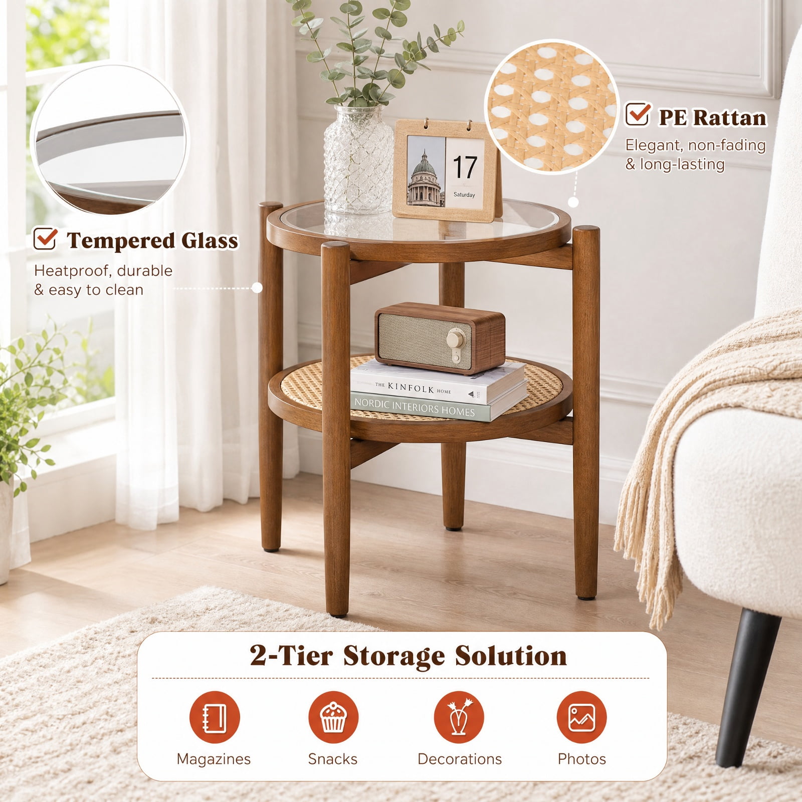 Furnibear Set of 2 Rattan Round Side End Table with Tempered Glass Top and Woven Shelf on Acacia Wood Legs for Living Room Bedroom, Walnut