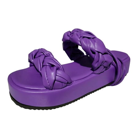 

Huanghuaa Ladies Fashion Summer Solid Color Leather Woven Leather Ankle Strap Thick Sole Sandals Fuzzy Sandals with Strap for Women