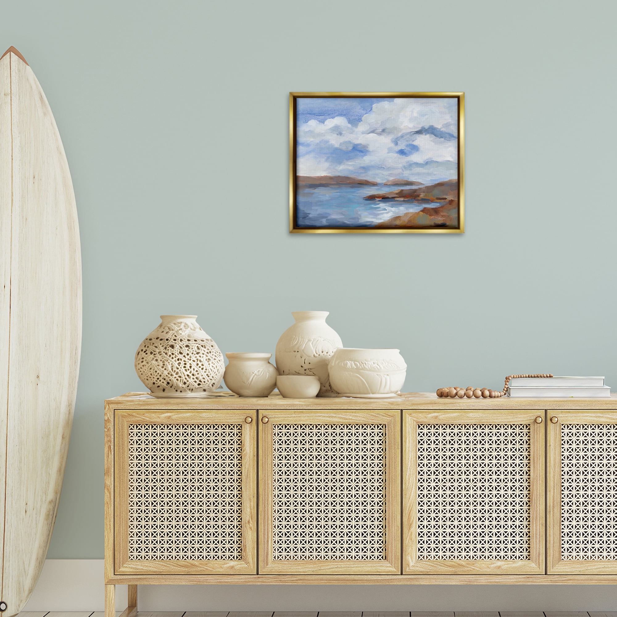 Stupell Industries Islands Beach View Landscape & Nature Painting Gold Floater Framed Canvas Art Print Wall Art, 21 x 17