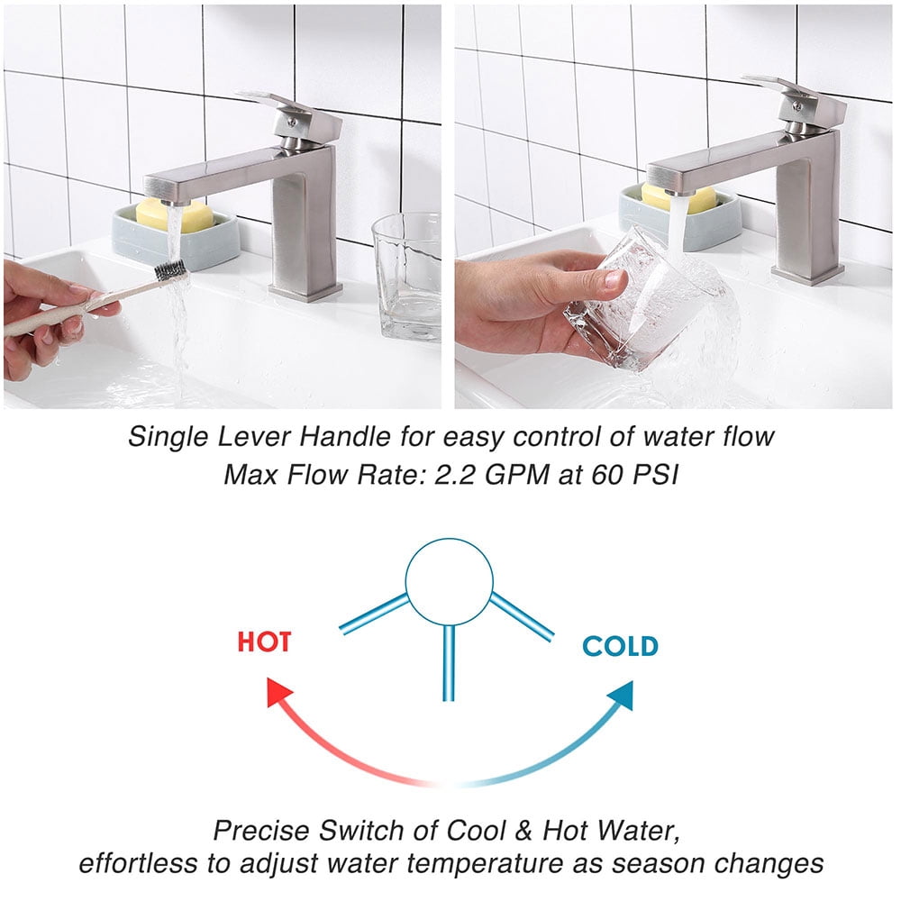 Aquaterior 1 Hole Bathroom Sink Faucet Square 1 Handle Cold & Hot Water Nickel 3.2 lbs
