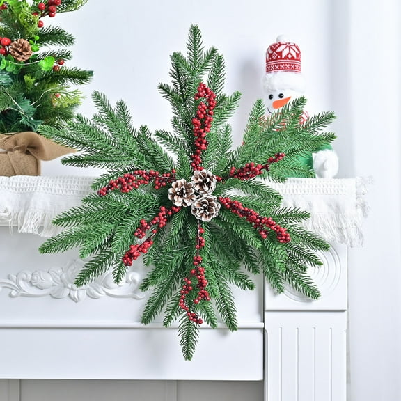Suncoda Christmas Wreath, 22 Inch Artificial Christmas Snowflake Christmas Wreath Decorated with Pinecones Red Cones, Christmas Ornament
