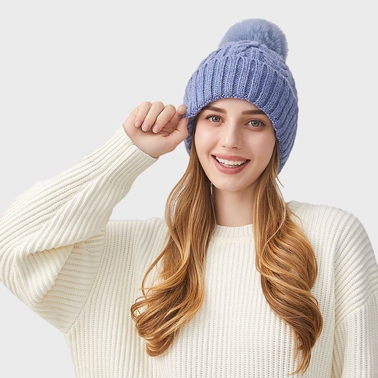 Women’s Dark Blue Winter Ribbed Beanie Hat Chunky Cable Knit Pompom Warm Winter Slouchy Hat With Pom Pom - Chunky Knit Oversized  main image 3