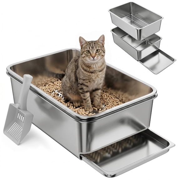 Stainless Steel Litter Box, XL Sifting Cat Litter Box, Easy Clean
