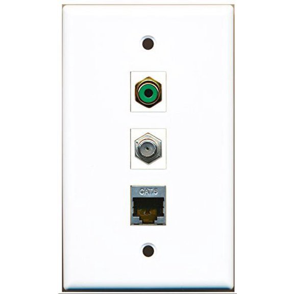 RiteAV - 1 Port RCA Green and 1 Port Coax Cable TV- F-Type and 1 Port Shielded Cat6 Ethernet Wall Plate