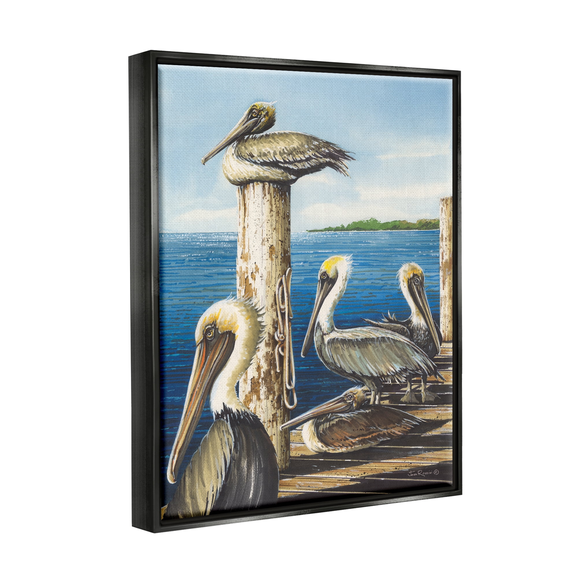 Stupell Industries Pelicans on Marine Dock Animals & Insects Painting Black Floater Framed Art Print Wall Art, 25 x 31