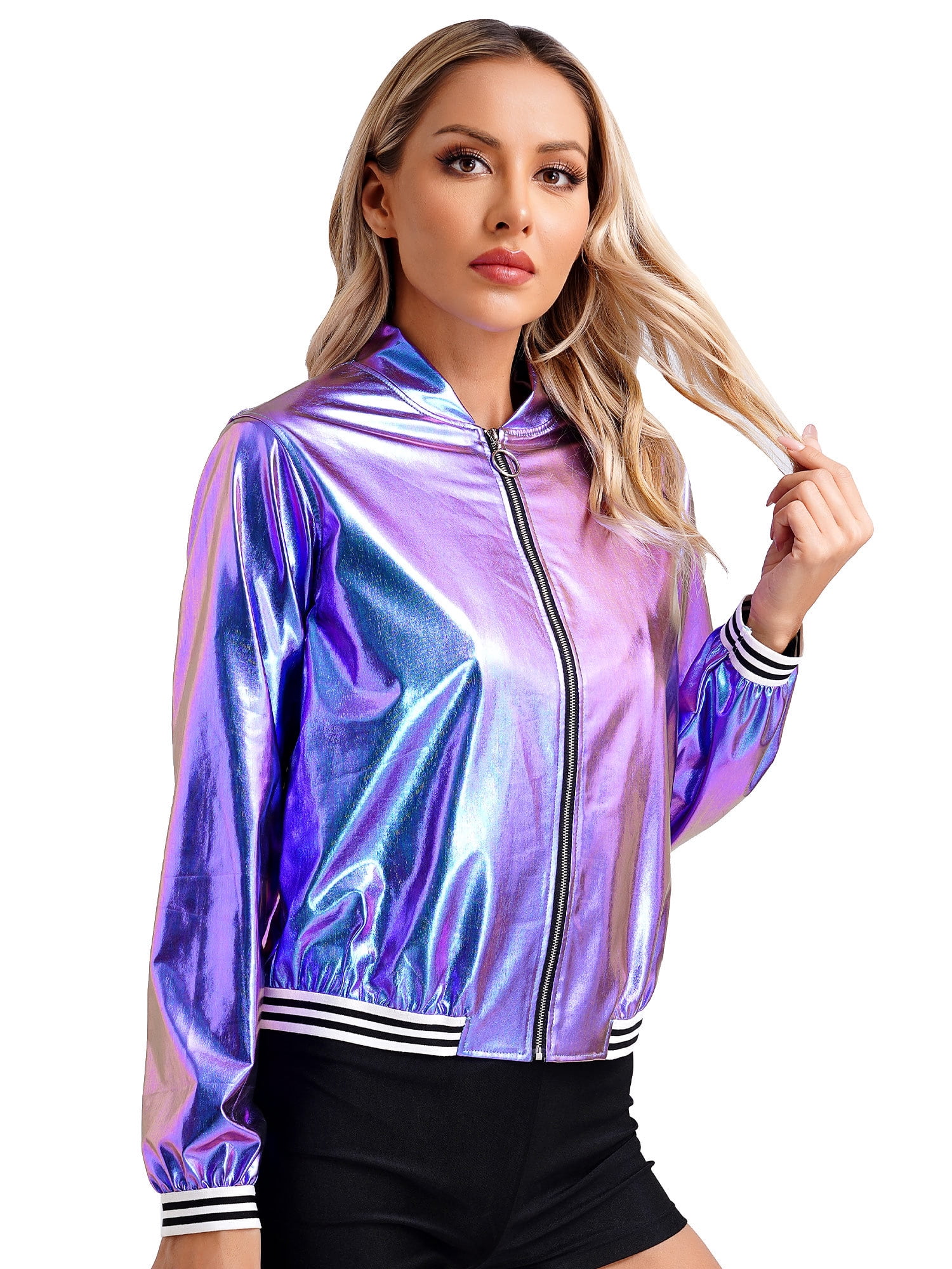 CHICTRY Womens Shiny Metallic Bomber Jacket Holographic Long Sleeve Zipper Front Coat Blue XXL