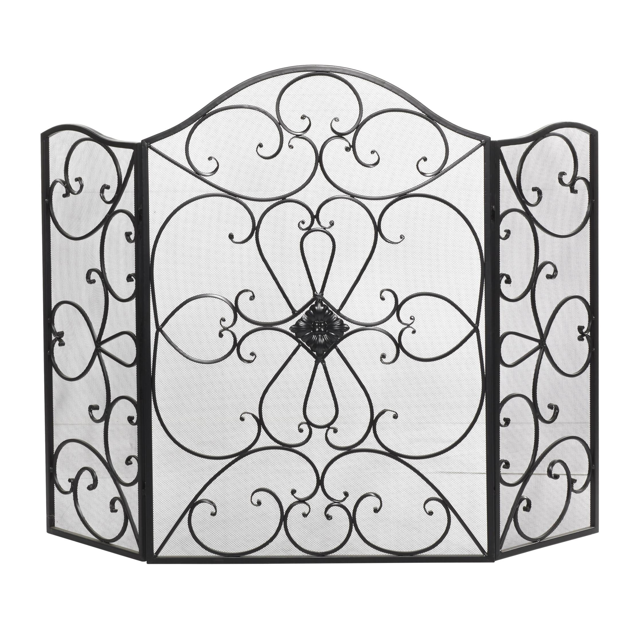 DecMode 49" x 36" Black Metal Foldable 3 Panel Scroll Fireplace Screen with Mesh Netting, 1-Piece