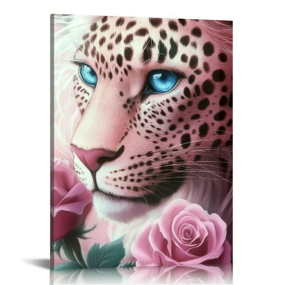 Patifu Leopard Blue Eyes Pink Rose Wall Decor Canvas Art Print for Living Room Bedroom Home Office Decor 12x16 in