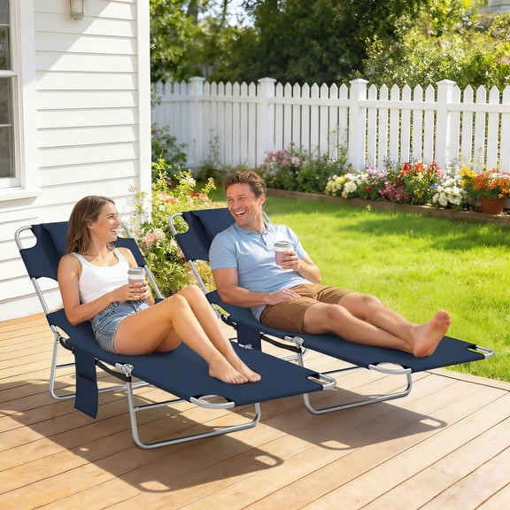 Outsunny Folding Beach Lounge Chair Set of 2 with Face Hole and Arm Slots, 5-level Adjustable Sun Lounger Tanning Chair with Pillow, Dark Blue