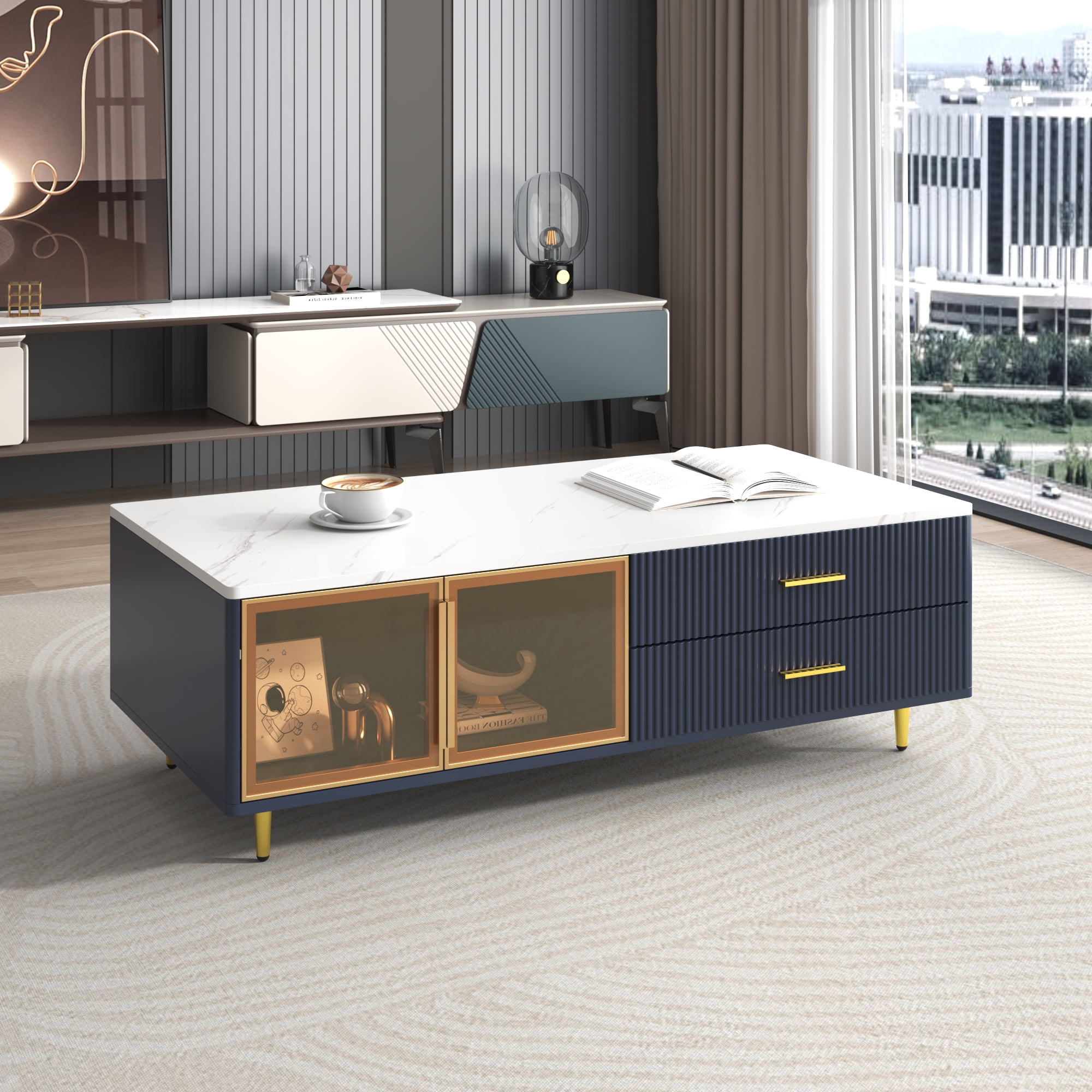 TesNus 47.2" Navy Blue Coffee Table with 2 Glass Doors, 4 Drawers and Multi-Color Lighting for Living Room
