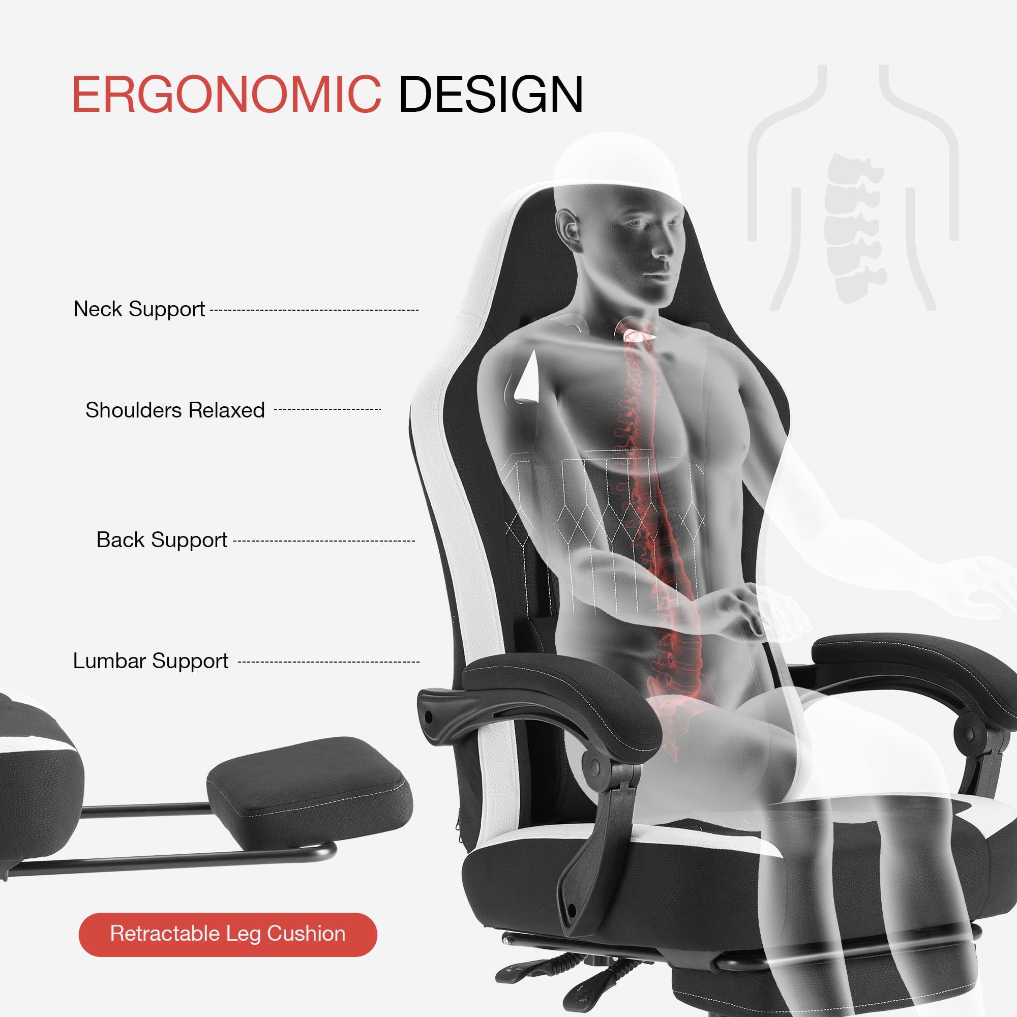 MCQ Computer Gaming Task Chair, High Back Ergonomic with Linkage Armrests, Footrest and Lumbar Support, 360° Swivel Wheels, Black